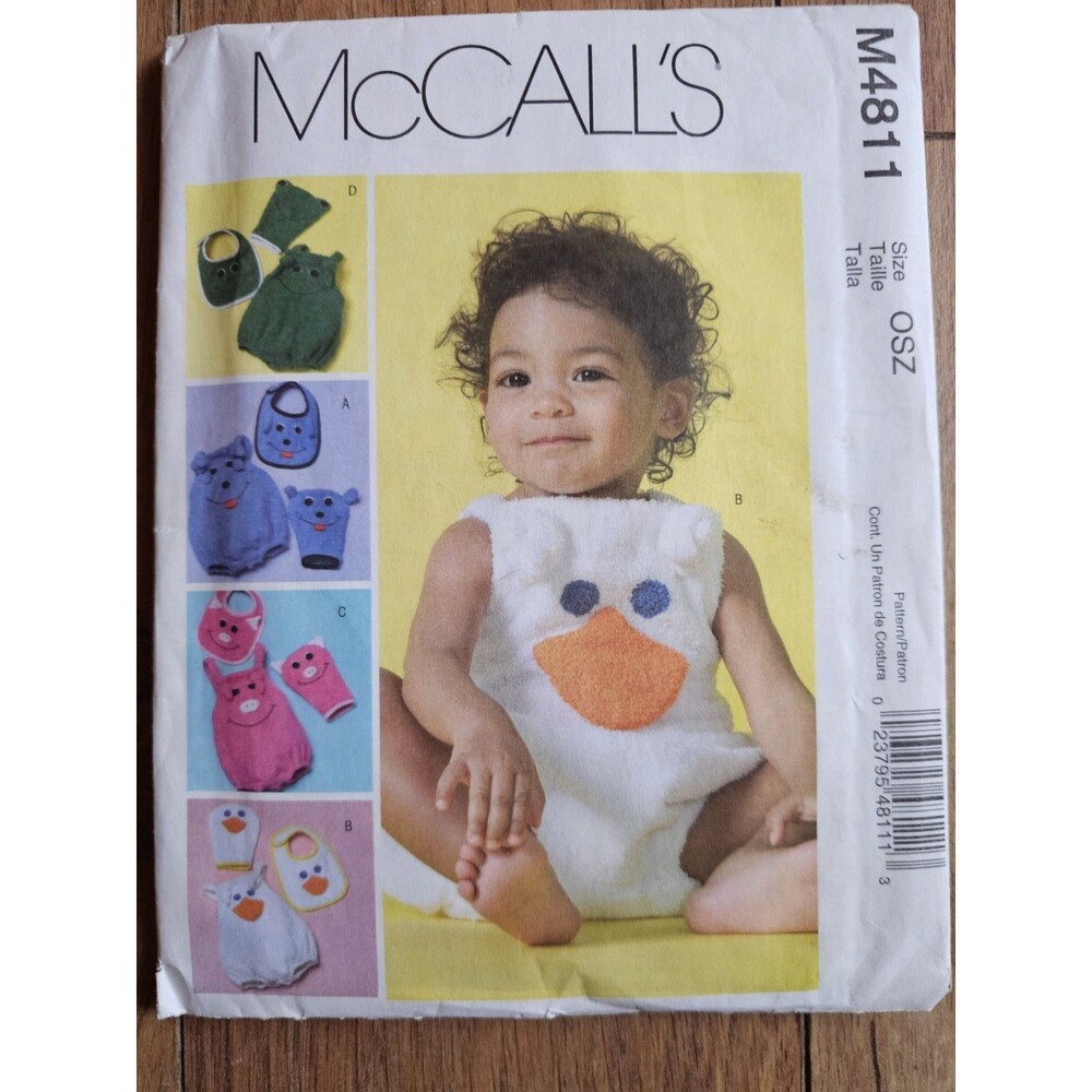 Vtg McCalls M4811 Baby Romper Bibs Mitts S-XL 6-24 Mos NEW Uncut Pattern